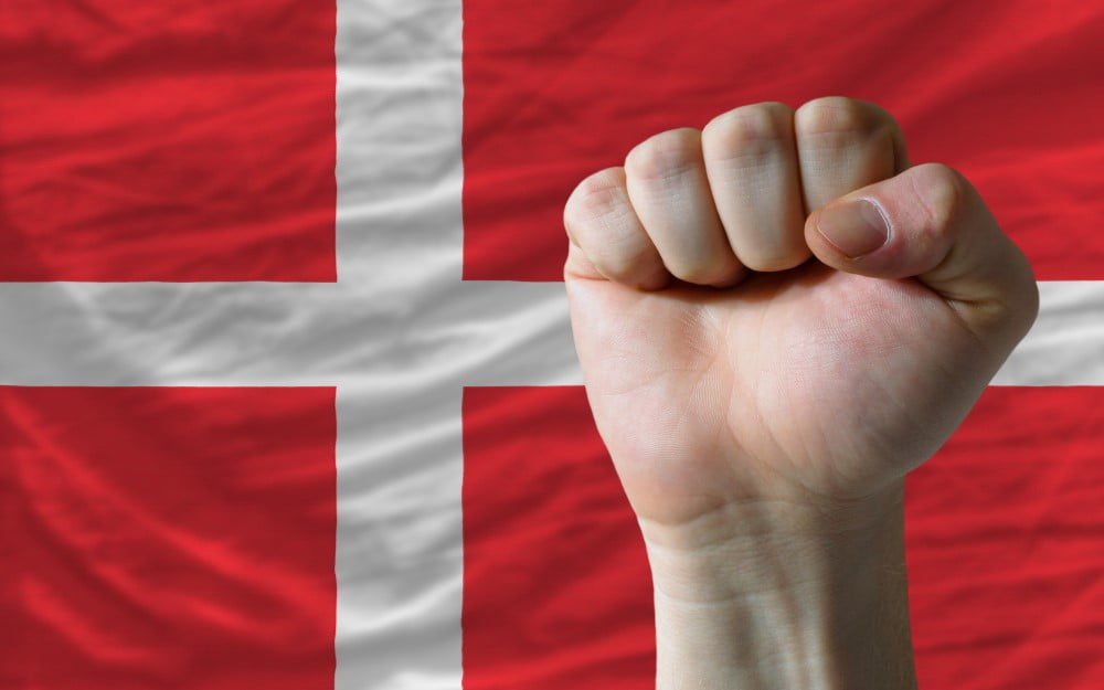 Dansk fodboldfan foran flag