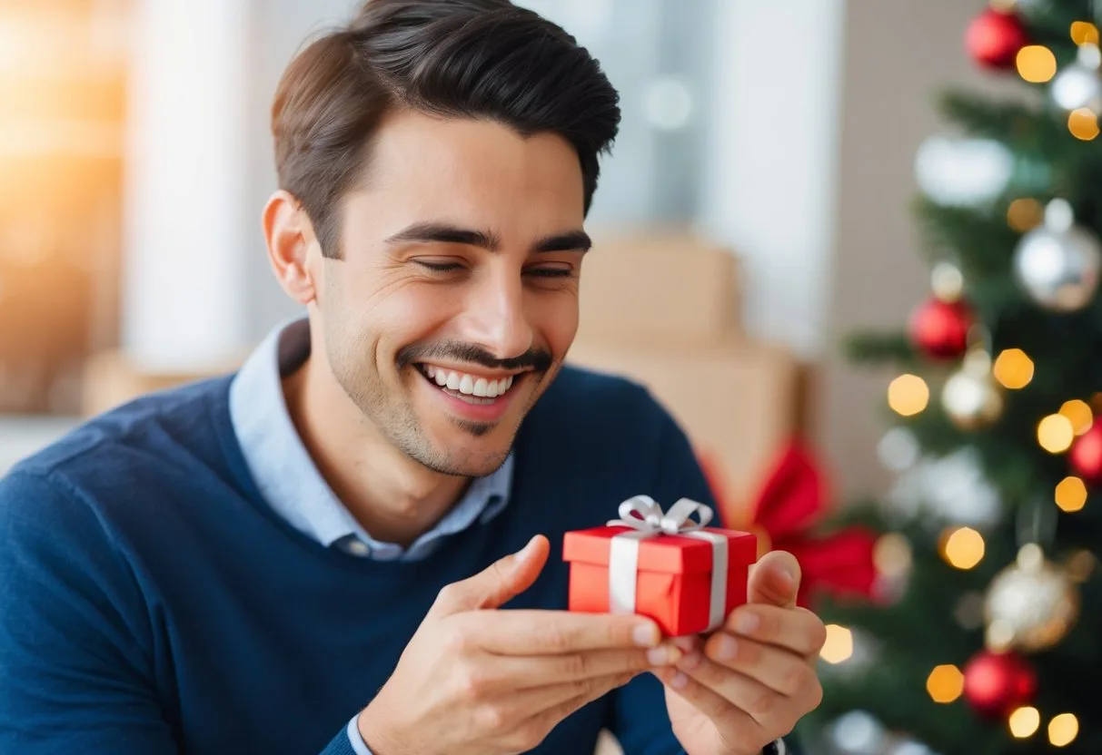 En mand åbner en lille, betænksom gave med et stort smil på hans ansigt